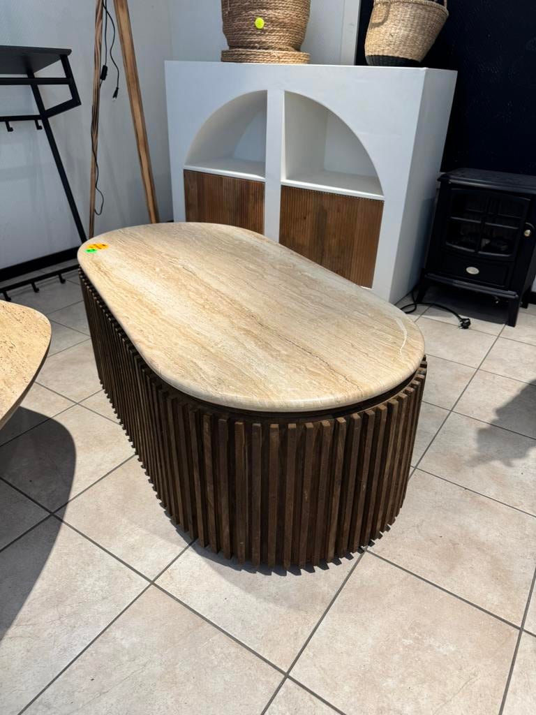 Salontafel travertin mangohout 120x60x40 B keus, Ophalen, 100 tot 150 cm, Nieuw, 50 tot 100 cm