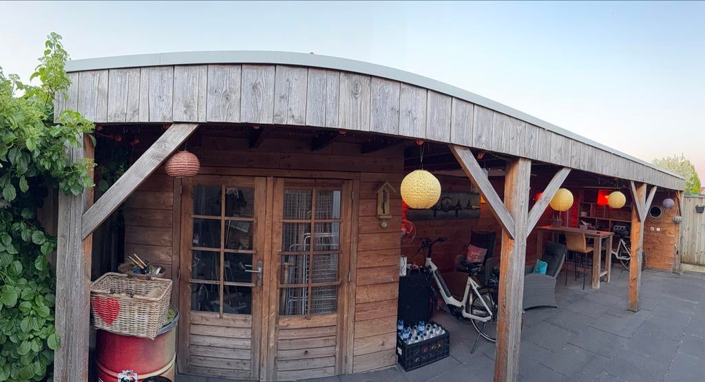 Robuuste houten overkapping met berging, Tuin en Terras, Overkappingen, Gebruikt, Overige typen, Ophalen