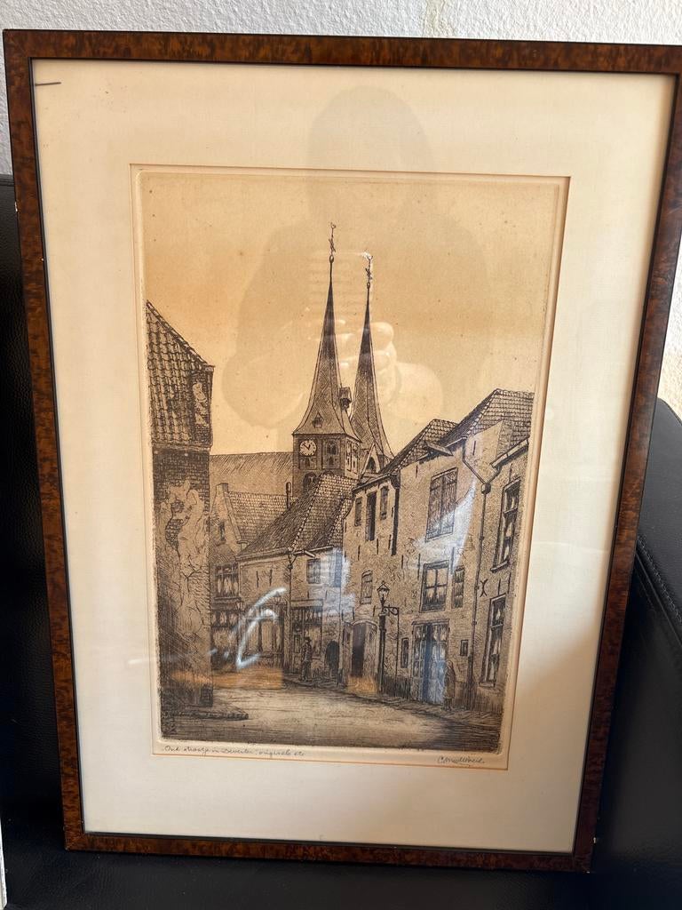 Oude straat in Deventer - Originele ets van C. Moolhuizen, Ets, Stadsgezicht, Ophalen of Verzenden, Gesigneerd