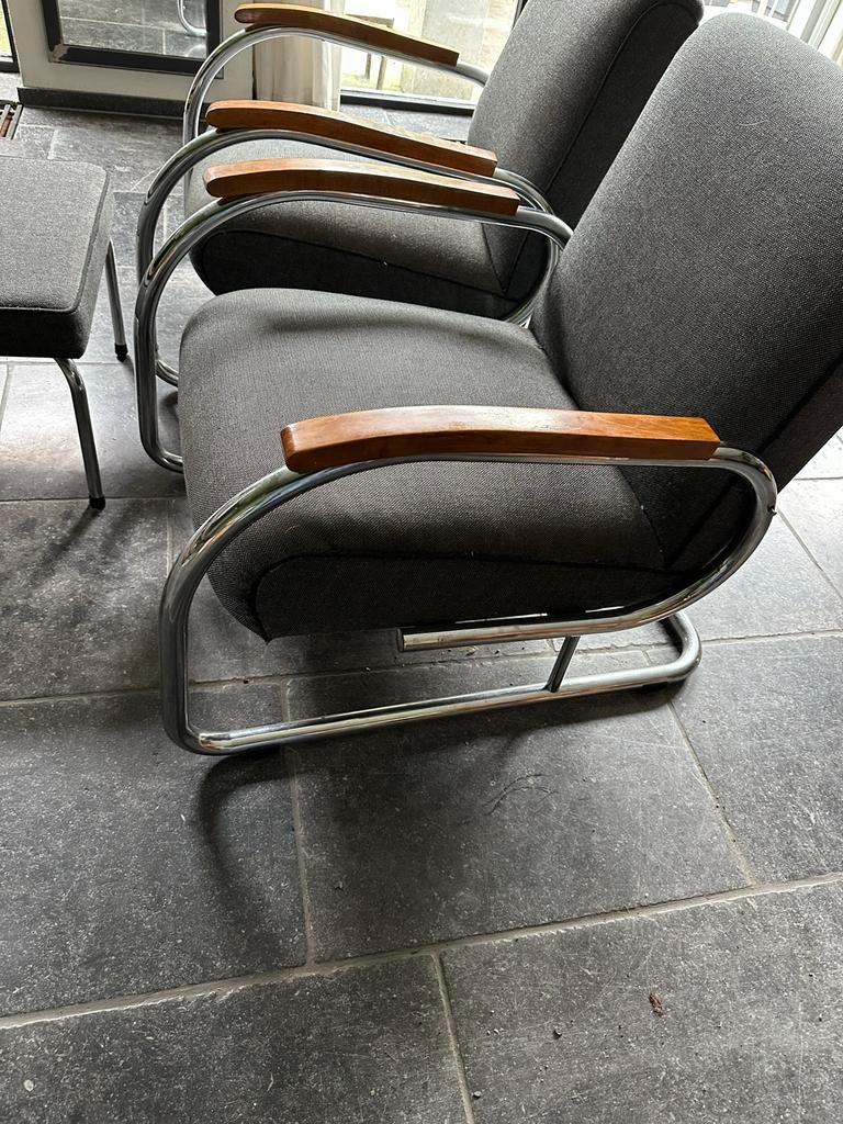 Twee Tubax fauteuils met tafeltje - opknappers, Ophalen, Gebruikt, 75 tot 100 cm, Metaal