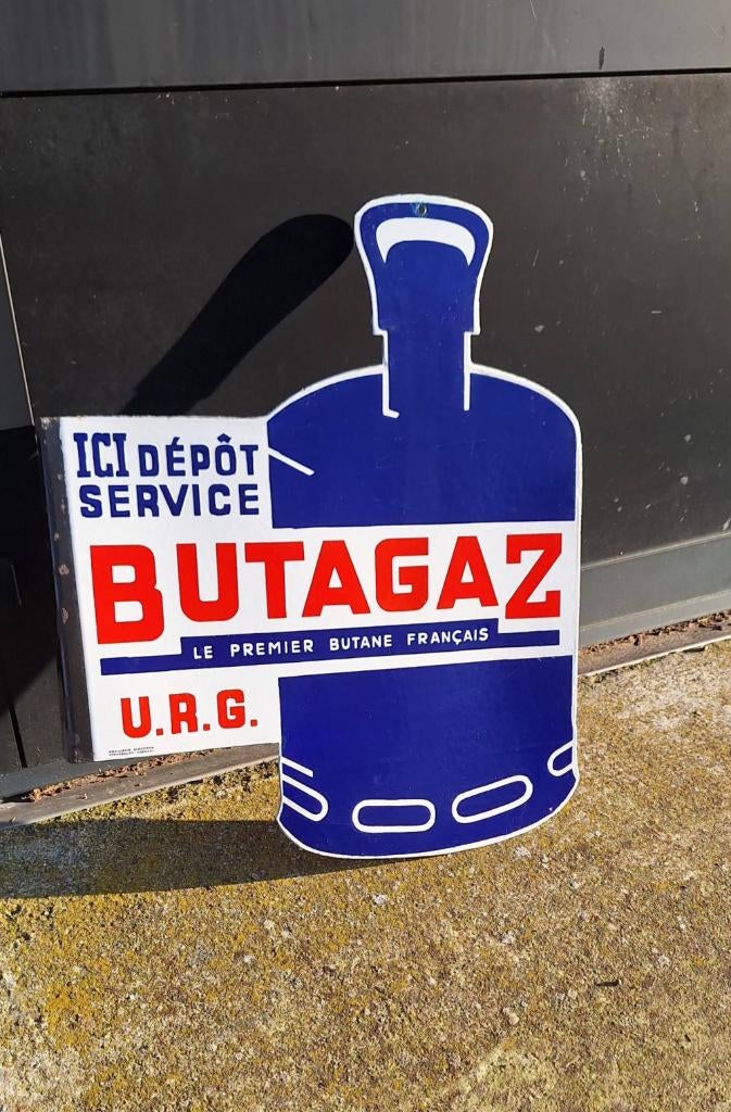 Vintage dubbelzijdig emaille reclamebord van Butagaz., Reclamebord, Gebruikt, ., Ophalen of Verzenden