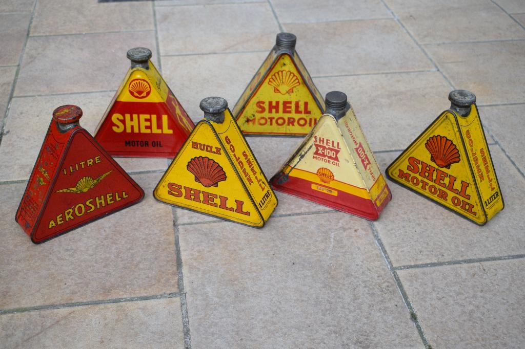 Zeldzame collectie 6 driehoekige olieblik shell, Verzamelen, Ophalen of Verzenden, Gebruikt, Reclamebord
