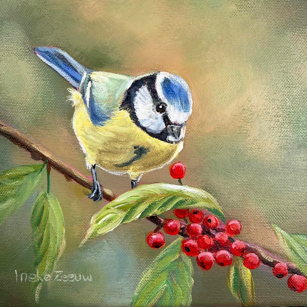 Schilderij pimpelmeesje uit eigen atelier, Ophalen of Verzenden