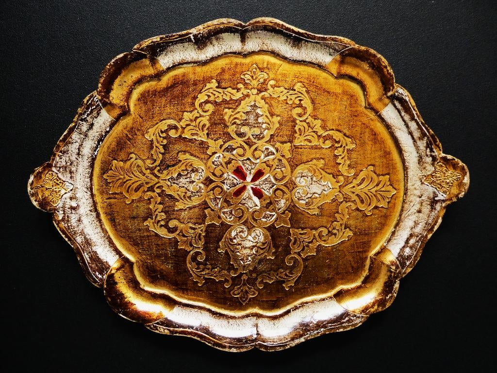 Italiaans dienblad serveerblad ecru rood en goud, Ophalen of Verzenden