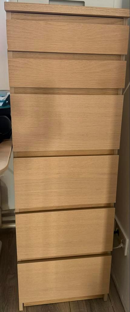 IKEA MALM Ladekast 6 lades, wit gelazuurd eikenfineer, Huis en Inrichting, Kasten | Ladekasten, Zo goed als nieuw, 100 tot 150 cm