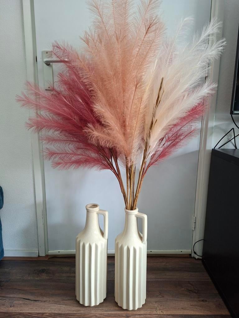 Pluimen in 3 kleuren met 2 beige vazen, Ophalen, Overige kleuren, Aardewerk of Porselein, Minder dan 50 cm