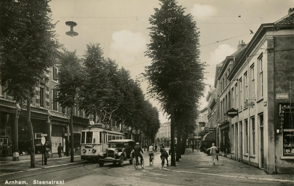 Oude Fotokaart Arnhem Steenstraat Tram 1938, Verzenden, 1920 tot 1940, Gelopen, Gelderland