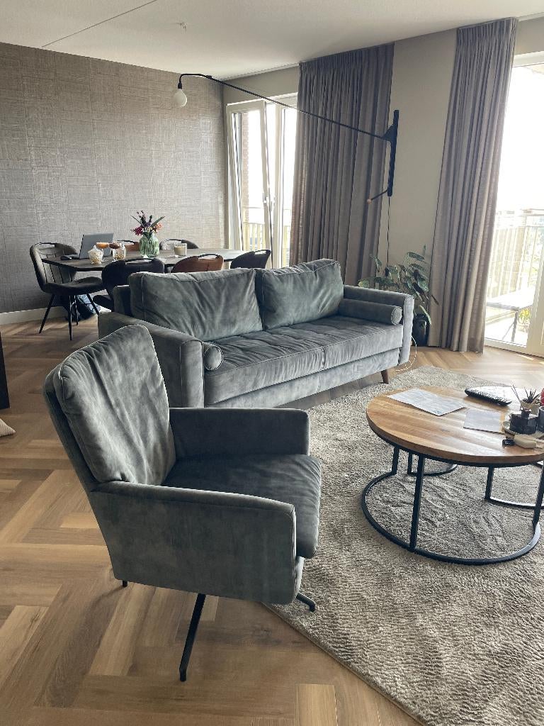 WOOOD Rodeo Classic 3-zits bank + draaifauteuil velvet ZGAN, Huis en Inrichting, Banken | Bankstellen, Driepersoons, 75 tot 100 cm