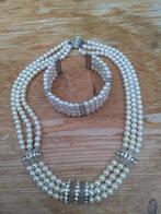 Parel ketting en armband met strass, Wit, Nieuw, Ophalen of Verzenden, Zilver