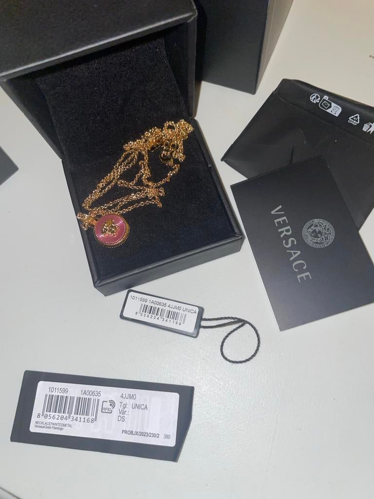 Gouden Versace ketting met roze hanger, Ophalen of Verzenden, Zo goed als nieuw, Goud, Overige materialen
