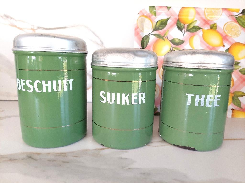 Emaille voorraadbussen groen BLOSSOM BROCANTE, Ophalen of Verzenden