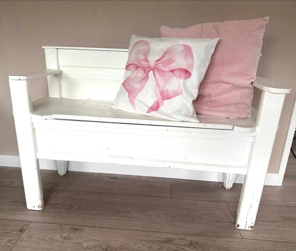 Witte houten klepbank met opbergruimte, Antiek en Kunst, Ophalen