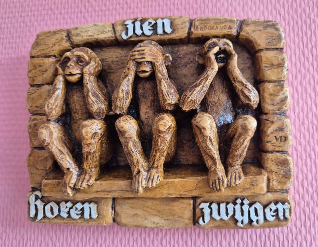 Vintage 'Zien, Horen, Zwijgen' Apen Wanddecoratie, Ophalen of Verzenden