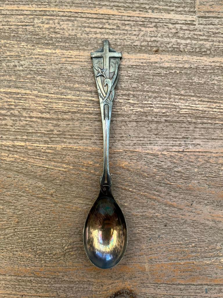 Verzilverd lepeltje met religieuze symbolen, Ophalen of Verzenden