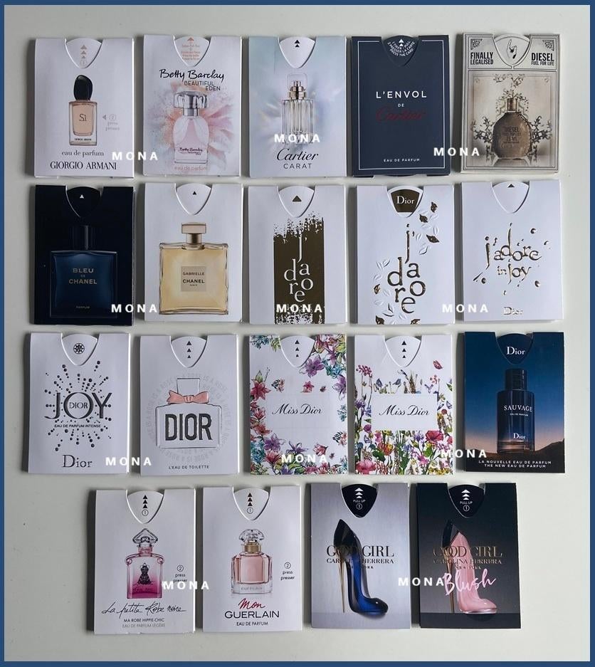 Verzameling parfum samples proefjes puffers kaartjes, Verzenden, Nieuw, Proef of Tester, Gevuld