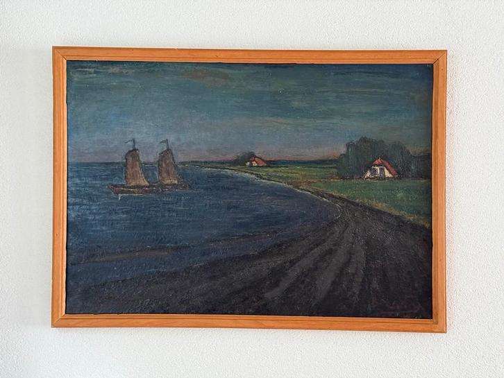 Jo Bezaan: Schilderij , Landschap met zeilboten, Antiek en Kunst, Kunst | Schilderijen | Klassiek, Ophalen