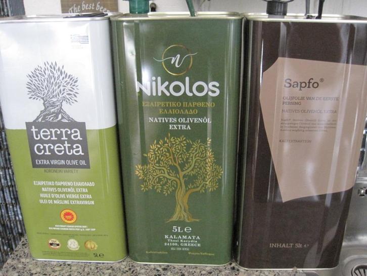 Drie lege blikken Griekse olijfolie van 5 liter, Verzamelen, Blikken, Gebruikt, Overige, Overige merken, Ophalen of Verzenden