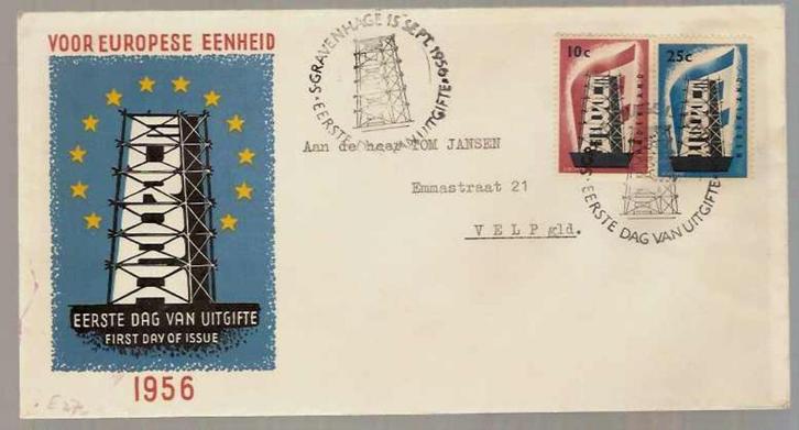 Nederland FDC E27 Met Adres, Europazegels 1956, Postzegels en Munten, Postzegels | Eerstedagenveloppen, Beschreven, Nederland
