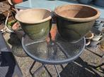 2 groen geglazuurde bloempotten, Tuin en Terras, Bloempotten, Ophalen, Rond, Zo goed als nieuw, Minder dan 25 cm