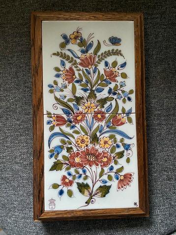 Tichelaar Tegeltableau Bloemen Tegels Houten Lijst Vintage beschikbaar voor biedingen