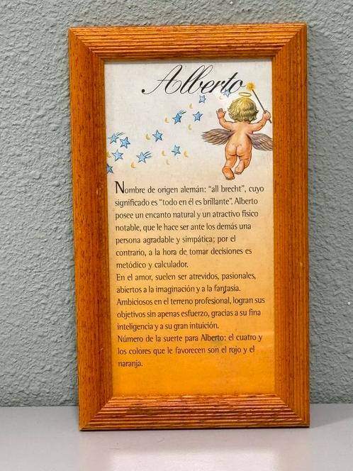 Spaans spaanse tekst ALBERTO in lijst met engel vintage, Antiek en Kunst, Curiosa en Brocante, Ophalen of Verzenden
