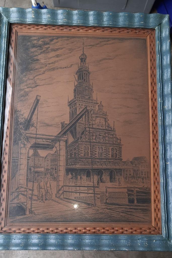 Alkmaar Waaggebouw Kaasmarkt oude tekening in lijst, Antiek en Kunst, Curiosa en Brocante, Ophalen of Verzenden