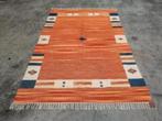 Handgeweven kelim tapijt blauw oranje aztec India 165x240cm, 200 cm of meer, 150 tot 200 cm, Perzisch vintage oosters kelim HYPE