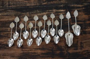 Zilver zilveren 12x lepeltje blad fauna decor en 2x schepje beschikbaar voor biedingen