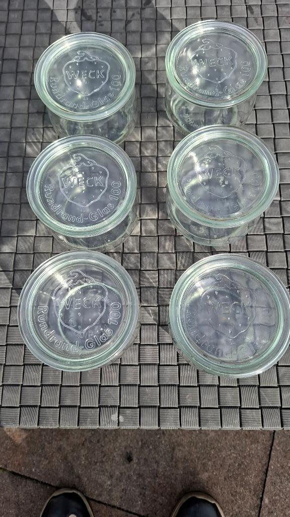 6 weckpotten (wekflessen) met deksel van het merk Weck., Huis en Inrichting, Keuken | Potten en Pannen, Zo goed als nieuw, Pot, Bus of Blik