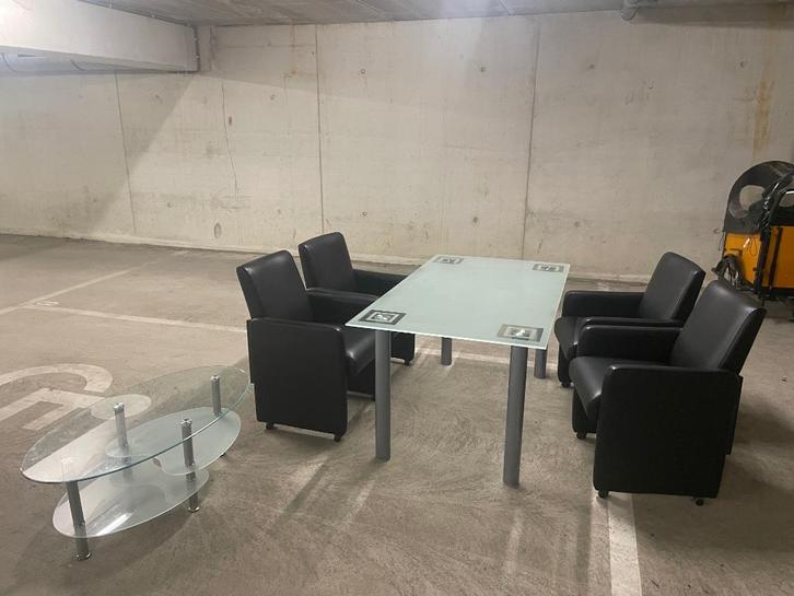 Glazen tafel (+ 4 gratis stoelen) en/of glazen salontafel, Huis en Inrichting, Tafels | Eettafels, Gebruikt, 50 tot 100 cm, 150 tot 200 cm