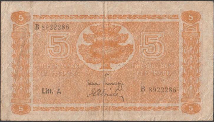 Finland 5 markkaa 1945 gebruikt p.76a(11) (nr 43), Postzegels en Munten, Bankbiljetten | Europa | Niet-Eurobiljetten, Los biljet