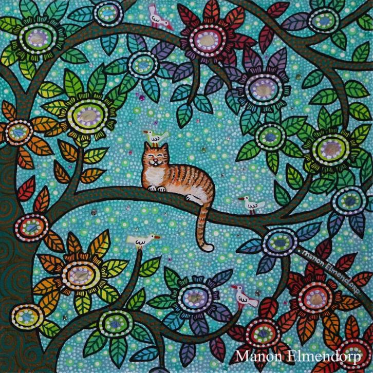 Handgeschilderd Schilderijtje Kat & Vogeltjes Nieuw 20x20 cm, Antiek en Kunst, Kunst | Schilderijen | Modern, Ophalen of Verzenden