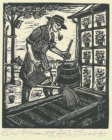 Hermann M. Schlatt (1910-2004) Houtsnede ‘De tuinman' ~1991. beschikbaar voor biedingen