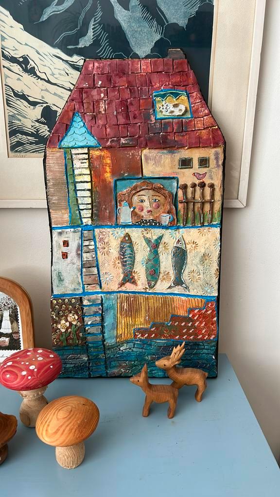 Vintage wanddecoratie plastiek keramiek op mdf, Antiek en Kunst, Kunst | Overige Kunst, Ophalen of Verzenden