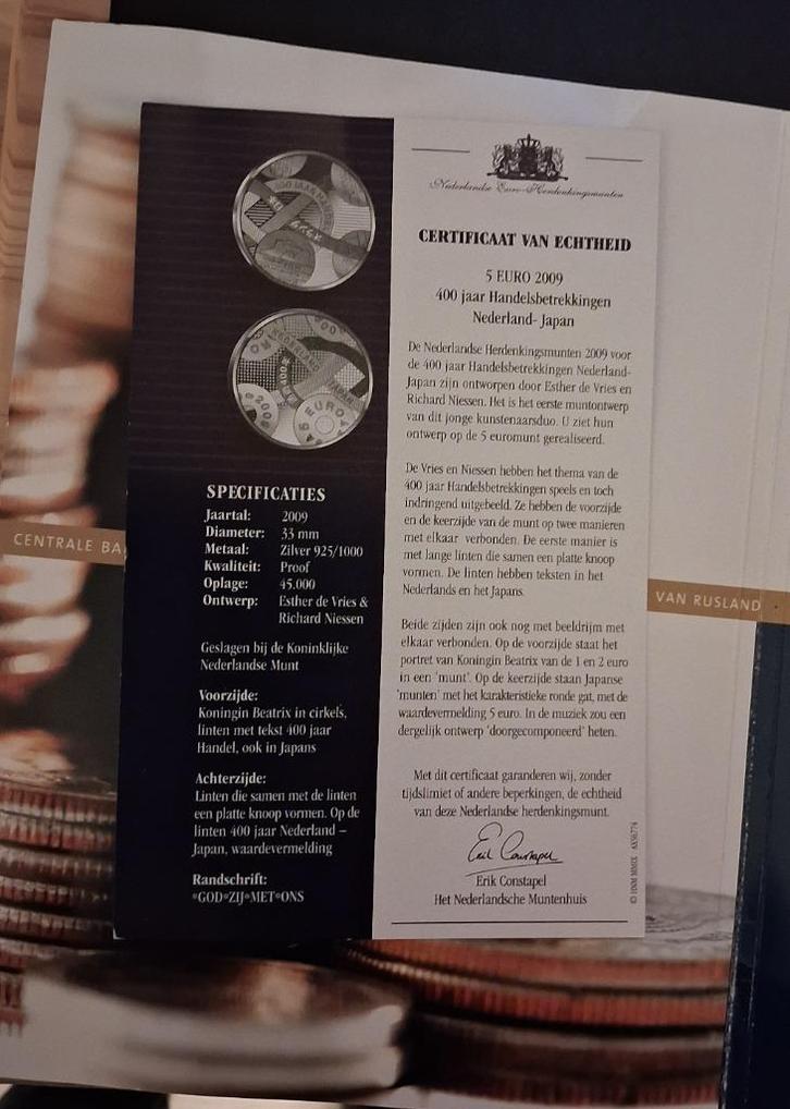 MOOIE ZILVEREN 5 EURO HERDENKINGSMUNT 400JAAR NEDERL-JAPAN, Postzegels en Munten, Munten | Nederland, Losse munt, Euro's, Koningin Beatrix