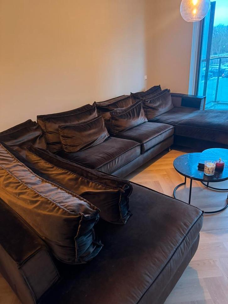 Velours donkerbruine bank – 4 x 2 meter, Huis en Inrichting, Banken | Complete zithoeken, Zo goed als nieuw, Stof, Ophalen