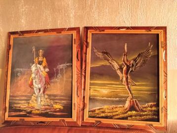 Fluweel velvet schilderijen, vintage Hecho en Mexico Indiaan beschikbaar voor biedingen