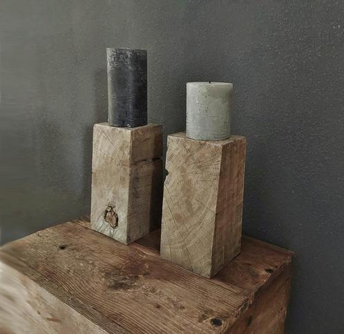 Blok Kandelaars set Rustiek Eiken houten balken landelijk, Huis en Inrichting, Woonaccessoires | Kandelaars en Kaarsen, Nieuw