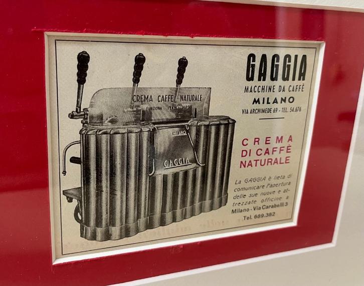 Zeldzame Gaggia advertentie uit 1951 - unicum - ingelijst, Antiek en Kunst, Kunst | Tekeningen en Foto's, Ophalen of Verzenden