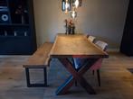 Boomstam tafel stalen X-poot en bijbehorend bankje, Ophalen, 200 cm of meer, 50 tot 100 cm, Zo goed als nieuw