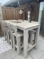 Houten bartafel met krukken en gasfles, Tuin en Terras, Ophalen, Gebruikt, 6 zitplaatsen, Tuinset