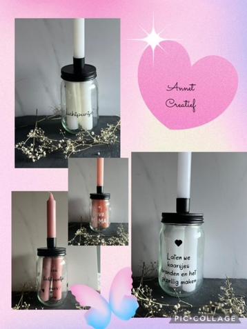 Glazen pot met kaarsen. Met tekst. Cadeau beschikbaar voor biedingen