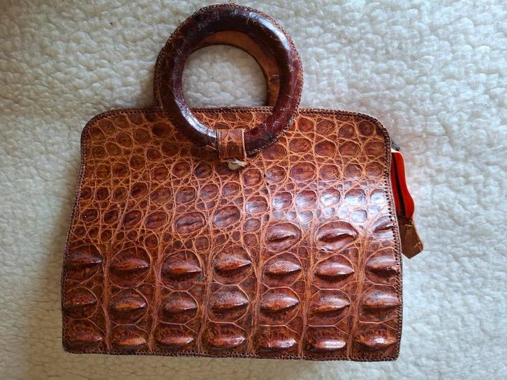 Vintage Krokodillenleren Handtas, Sieraden, Tassen en Uiterlijk, Tassen | Damestassen, Gebruikt, Handtas, Bruin, Ophalen of Verzenden