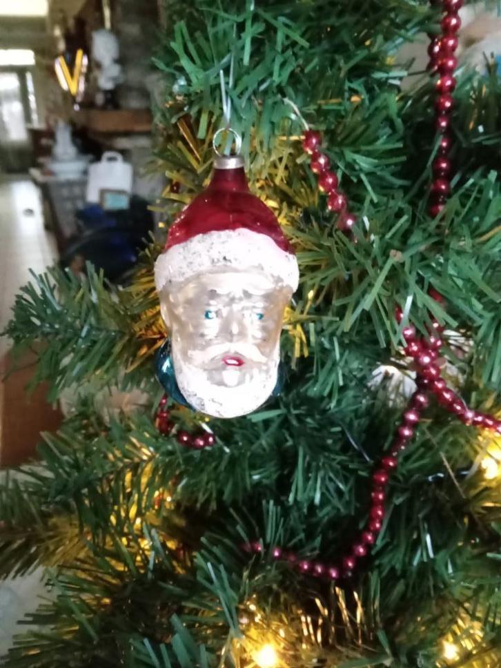 oude glazen kerstbal model kerstman hoofd, Diversen, Kerst, Gebruikt, Ophalen of Verzenden