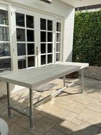 Whitewash steigerhouten (tuin)tafel op steigerbuizen, Tuin en Terras, Ophalen, Zo goed als nieuw, Rechthoekig, Hout