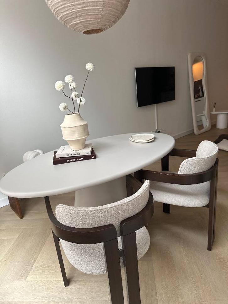 Japandi eetkamerstoelen, Huis en Inrichting, Stoelen, Zo goed als nieuw, Stof, Bruin, Ophalen