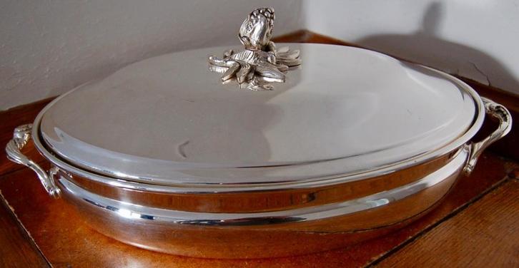 Verzilverde Ovenschaal en Serveerschaal - Gratinschotel, Antiek en Kunst, Antiek | Schalen, Ophalen of Verzenden