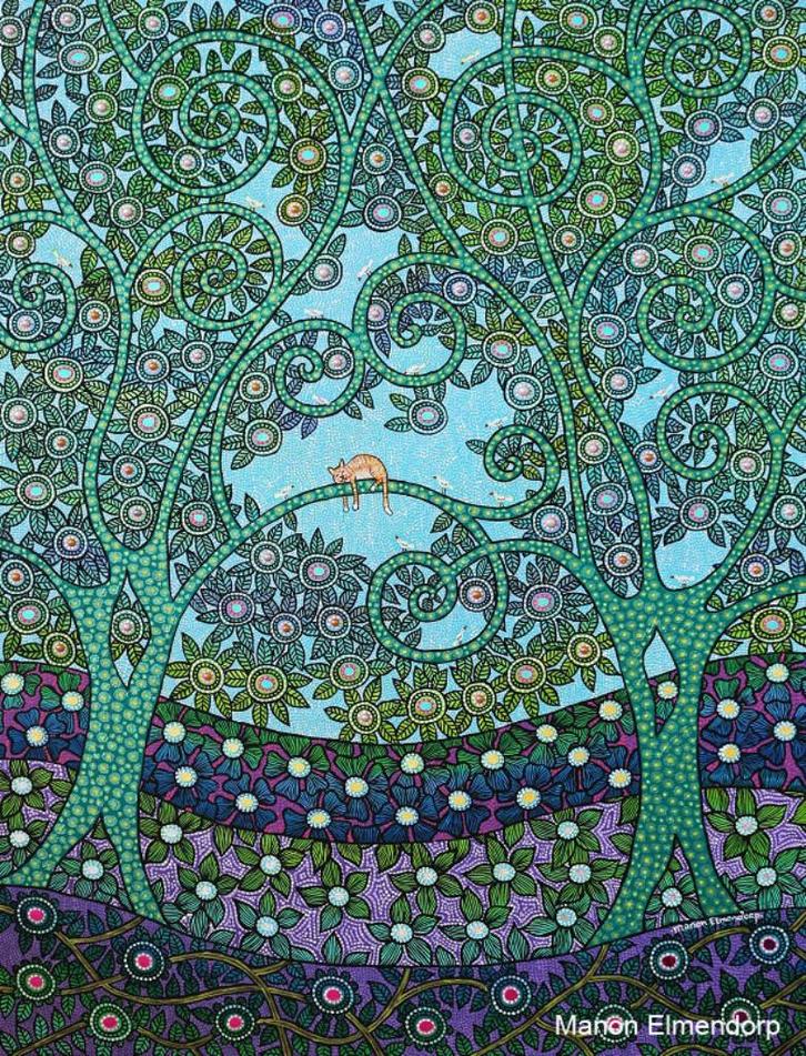 Handgeschilderd Uniek Schilderij Slapende Kat in Boom Nieuw, Antiek en Kunst, Kunst | Schilderijen | Modern, Ophalen of Verzenden