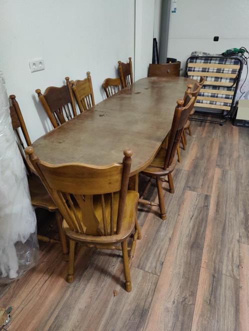 lange houten antieke eettafel met 9 stoelen | €147, Huis en Inrichting, Tafels | Eettafels, Gebruikt, 100 tot 150 cm, 200 cm of meer