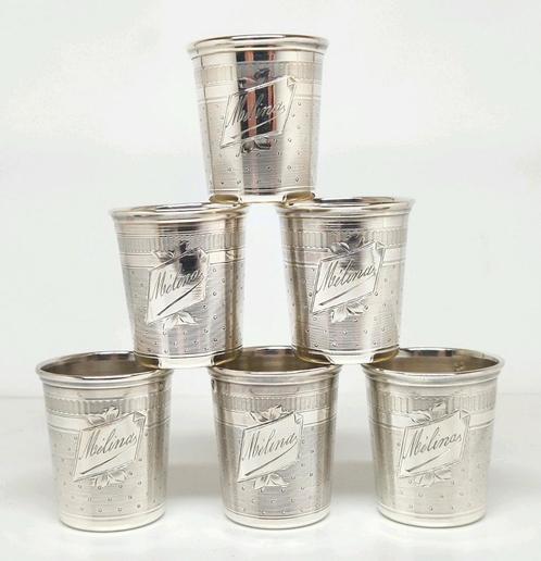 Set zilveren geguillocheerde likeurbekertjes, Frankrijk 1880, Antiek en Kunst, Antiek | Goud en Zilver, Zilver, Ophalen of Verzenden
